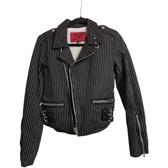 Tripp NYC Black White Striped Asymmetrical Zip Biker Jacket Moto Size M - Picture 3 of 9